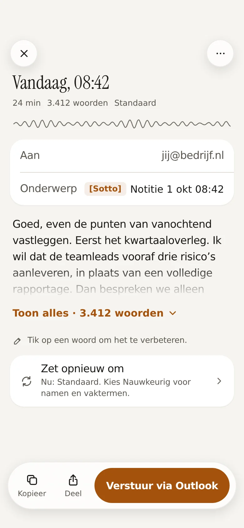 Het resultaat met de knoppen Kopieer, Deel en Verstuur via Outlook.